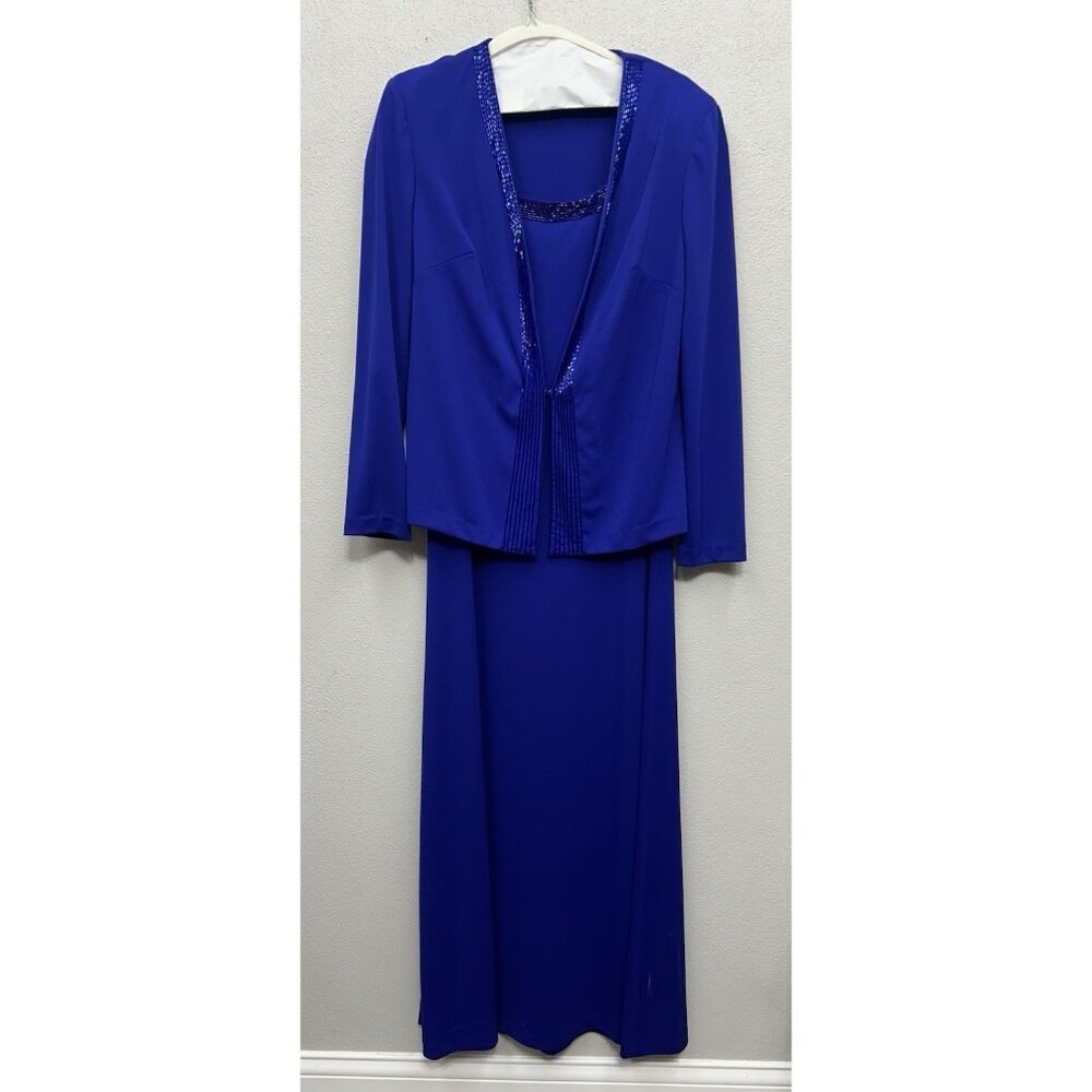 Alex Evenings Maxi Gown Dress Size 10 Set Jacket Blue Beaded Sleeveless Wedding - Picture 3 of 14